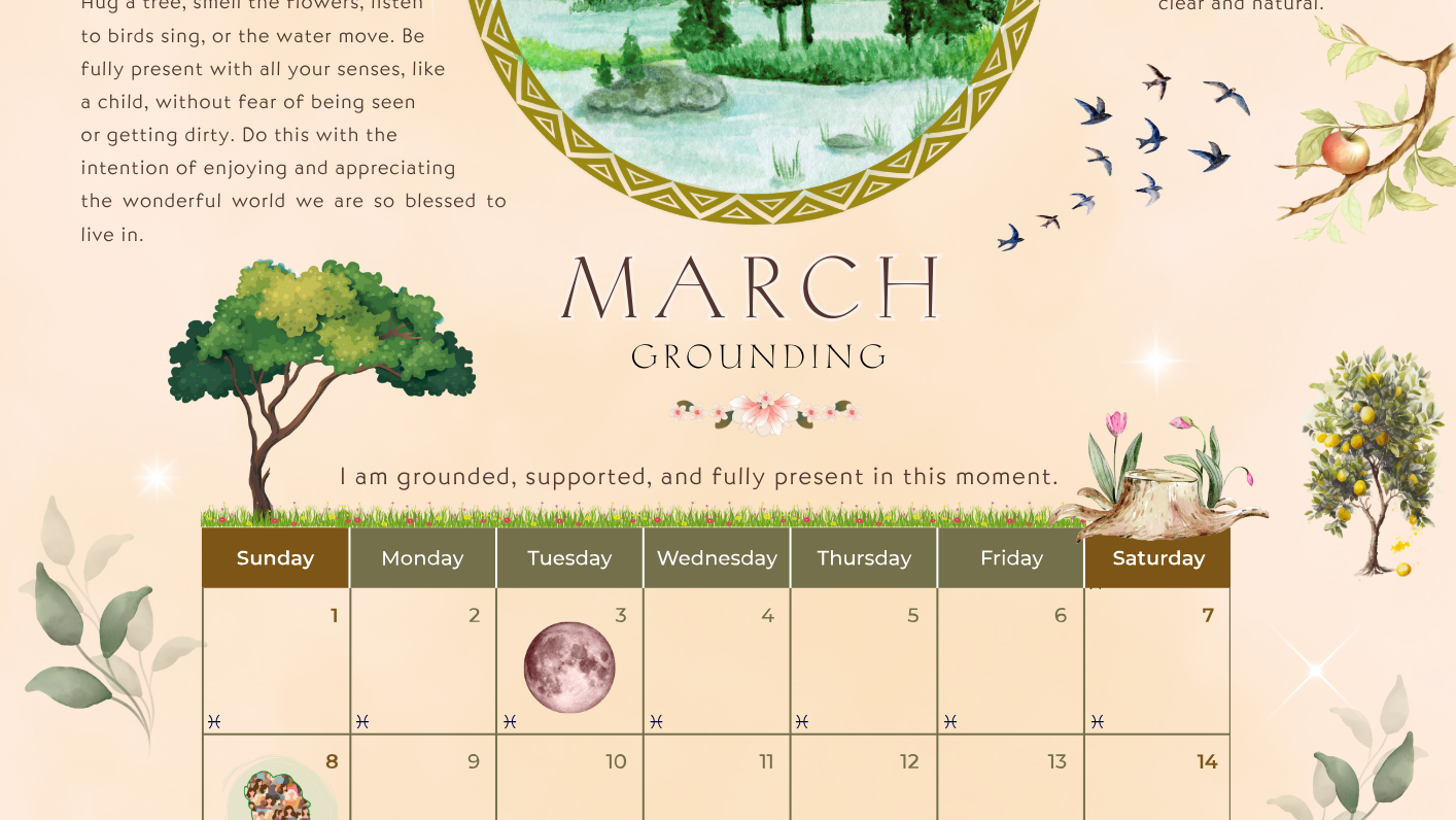 March 2026 page of the Love & Flow Mini Ritual Calendar featuring the Grounding theme, with earthy tones, original artwork, a monthly ritual, affirmation, and a clean calendar grid.