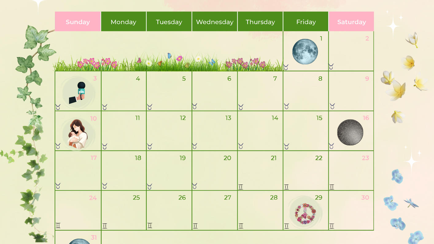 May 2026 page of the Love & Flow Mini Ritual Calendar featuring the Fertility theme, with nurturing colors, original artwork, a monthly ritual, affirmation, and clean calendar grid.