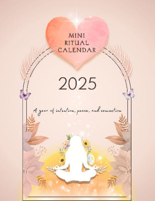2025 Mini Ritual Calendar cover featuring celestial designs, golden accents, and dreamy clouds, perfect for holistic living and monthly rituals. A beautifully crafted A4 calendar for mindfulness and self-care.