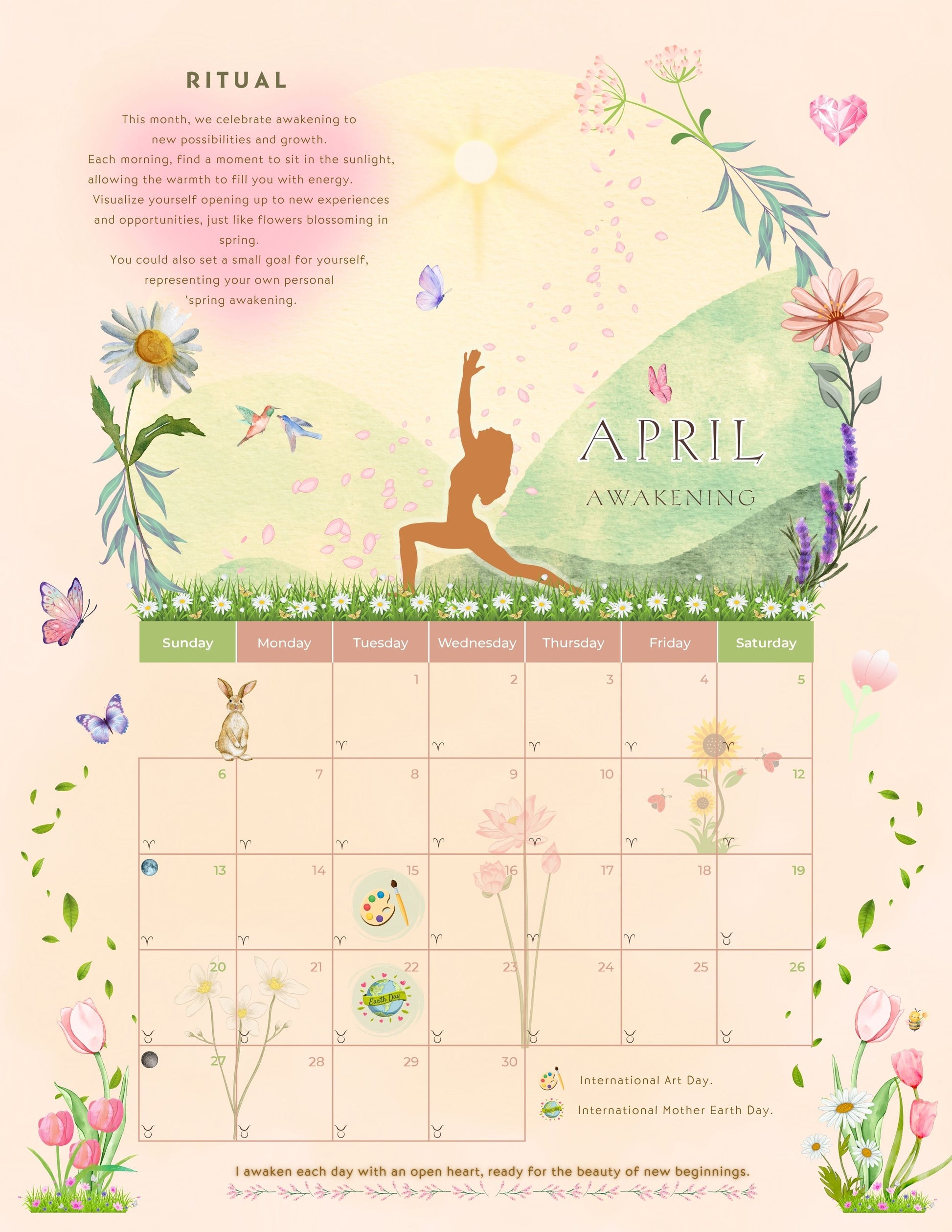 April Mini Ritual Calendar page featuring blooming flowers, soft pastel skies, and an awakening theme.