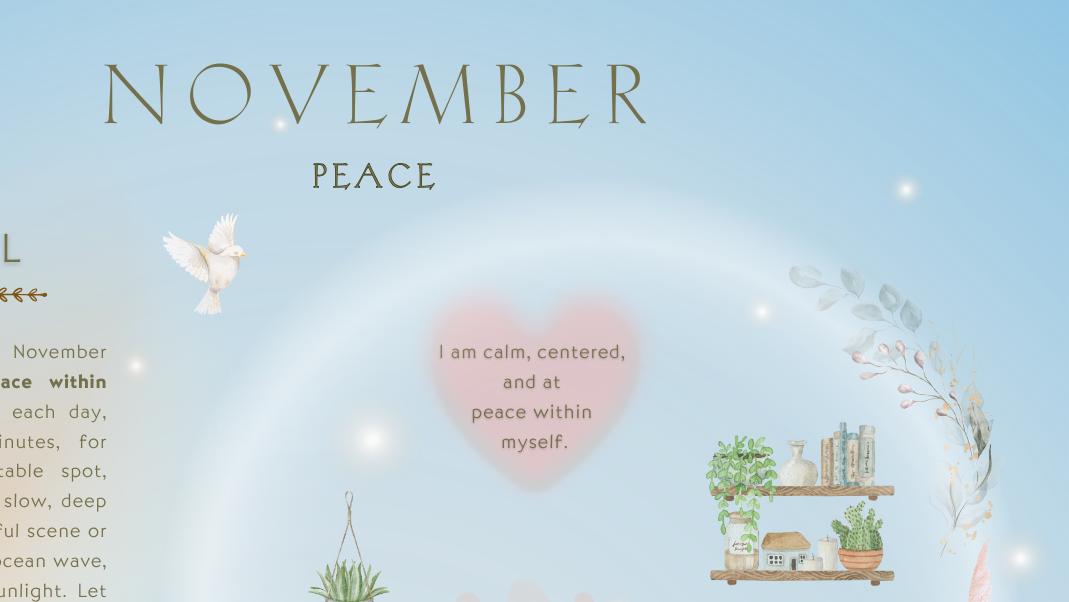 November 2026 page of the Love & Flow Mini Ritual Calendar featuring the Peace theme, with calming tones, original artwork, a stillness ritual, affirmation, and monthly calendar layout.